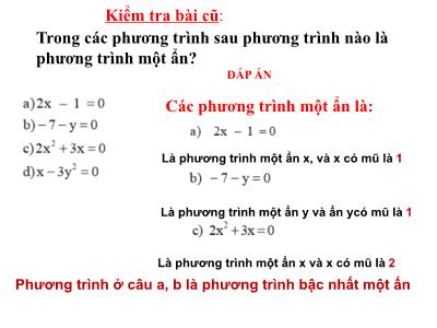 Bài giảng Đại số Lớp 8 - Chương 3, Bài 2: Phương trình bậc nhất một ẩn và cách giải