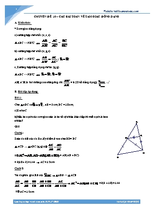 Các chuyên đề ôn thi học sinh giỏi môn Toán Lớp 8 - Chuyên đề 10: Các bài toán về tam giác đồng dạng
