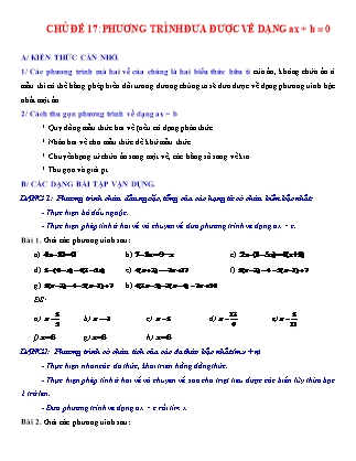 Giáo án Đại số Lớp 8 - Chủ đề 17: Phương trình đưa được về dạng ax + b = 0