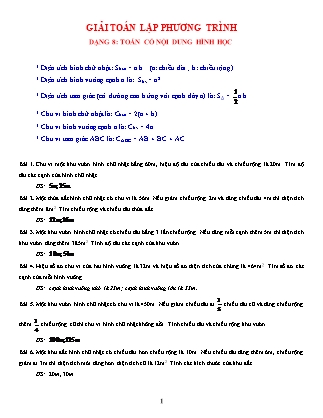 Giáo án Đại số Lớp 8 - Chủ đề 20: Giải toán lập phương trình - Dạng 8: Toán có nội dung hình học