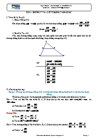 Giáo án dạy thêm Hình học Lớp 8 - Bài 1: Định lý Ta-lét trong tam giác