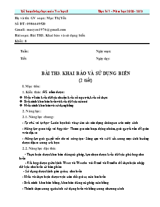 Giáo án Tin học Lớp 8 - Bài thực hành 3: Khai báo và sử dụng biến - Năm học 2020-2021 - Mạc Thị Yến