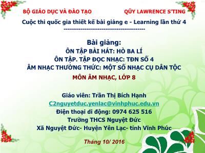 Bài giảng Âm nhạc Lớp 8 - Bài hát "Hò ba lí" - Trường THCS Nguyệt Đức