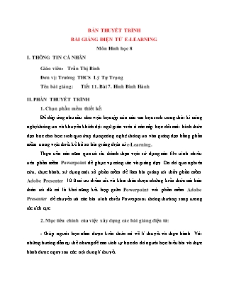 Bài thuyết trình Hình học Lớp 8 - Tiết 11, Bài 7: Hình bình hành - Trần Thị Bình