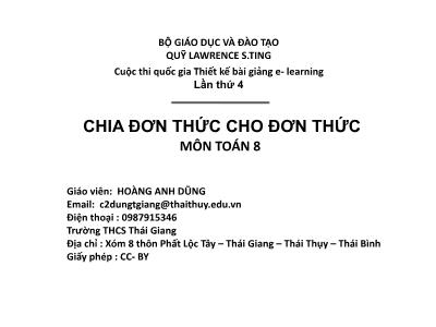 Bài giảng Toán Lớp 8 - Chia đơn thức cho đơn thức - Hoàng Anh Dũng