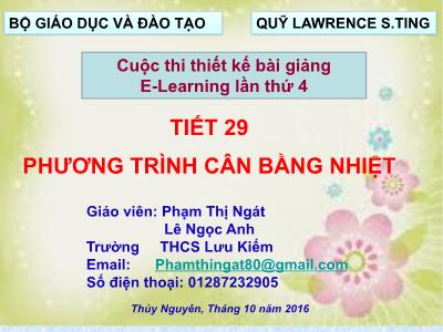 Bài giảng Toán Lớp 8 - Tiết 29: Phương trình cân bằng nhiệt - Phạm Thị Ngát