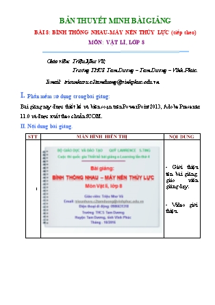 Bài thuyết trình Vật lí Lớp 8 - Bài 8: Bình thông nhau. Máy nén thủy lực (Tiếp theo) - Triệu Như Vũ