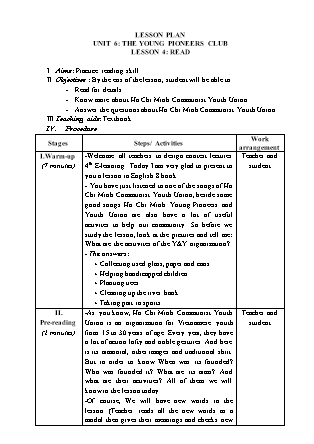 Giáo án Tiếng Anh Lớp 8 - Unit 6: The young pioneers club - Lesson 4: Read