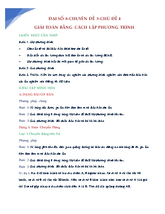 Tài liệu Dạy ngoài, dạy thêm tại nhà môn Đại số Lớp 8 - Chương III, Chủ đề 4: Giải toán bằng cách lập phương trình (Có đáp án)