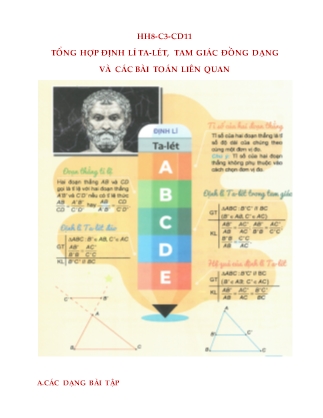 Tài liệu Dạy ngoài, dạy thêm tại nhà môn Hình học Lớp 8 - Chương III, Chủ đề 11: Tổng hợp định lí ta-lét, tam giác đồng dạng và các bài toán liên quan (Có đáp án)